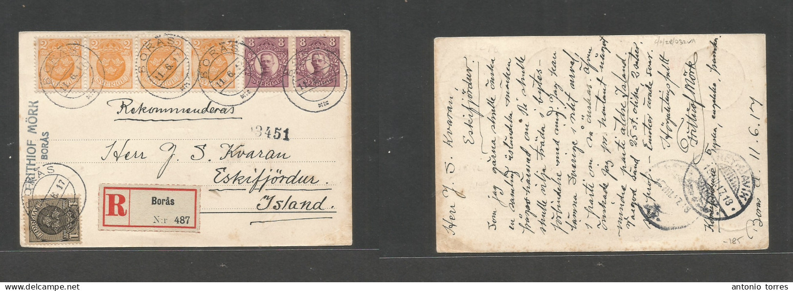Sweden. 1917 (11 June) Boras - Iceland, Eskifjordur. Registered Multifkd Private Card. Better Rate (18 Aug) Usage + Dest - Other & Unclassified
