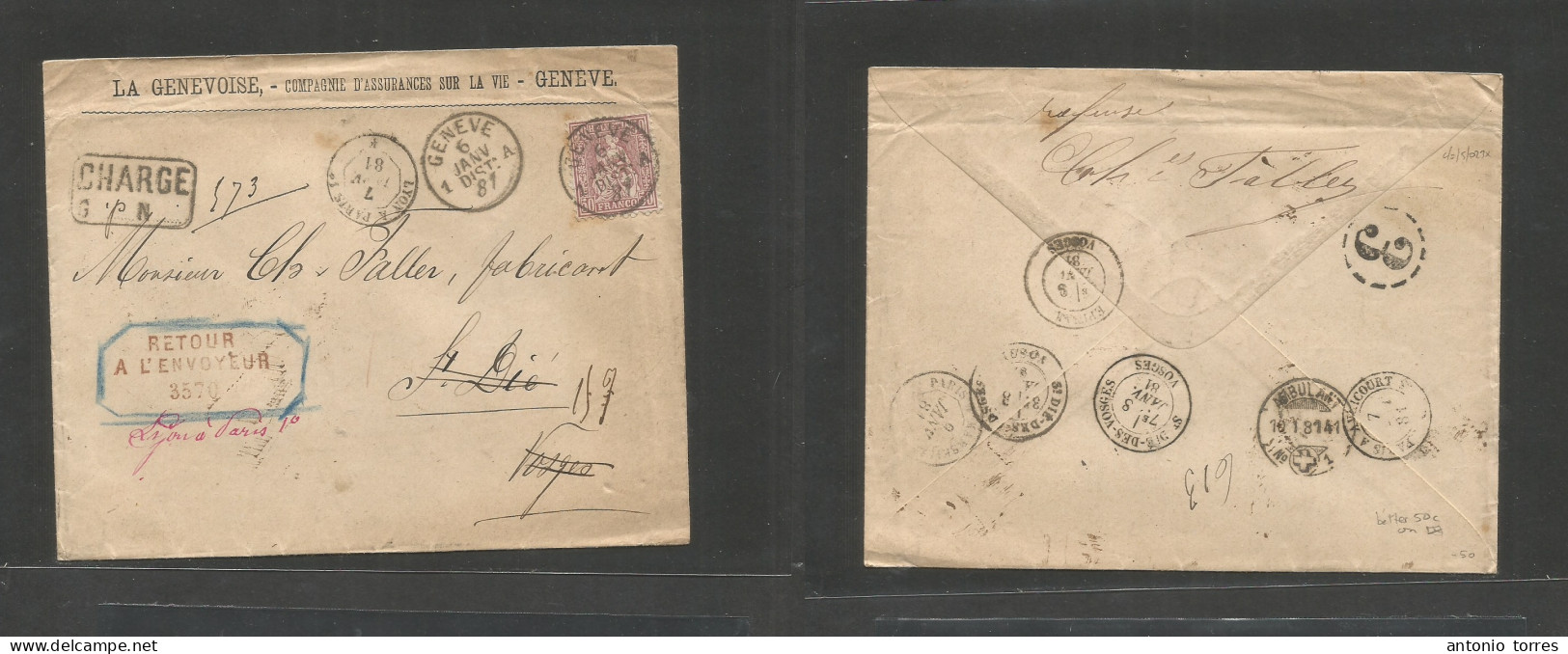 Switzerland. 1881 (6 Jan) Geneva - France, Vorges, St. Die (8 Jan) Registered Single 50c Lilac Fkd Envelope, Cds + R-cac - Other & Unclassified