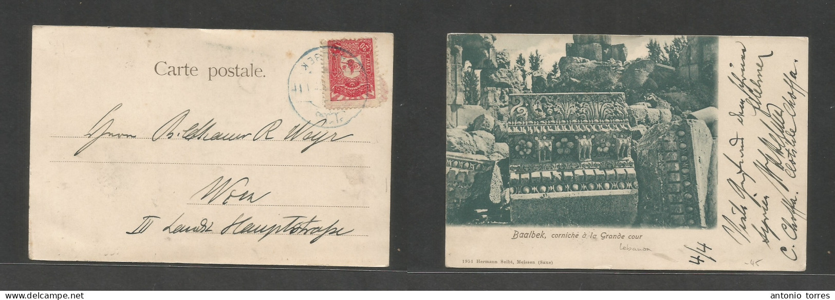 Turkey. C. 1904 (4 April) Postal Office In Lebanon. Baalbek - Austria, Wien. Fkd 20p Red Photo Ppc, Blue Cds Bilingual. - Autres & Non Classés