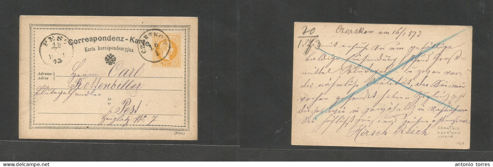 Ukraine. 1873 (16 Jan) Czortkow - Pest, Hungary (19 Jan) 2kr Yellow Stat Card, Neat Cds. Arrival Cachet. VF. - Ukraine