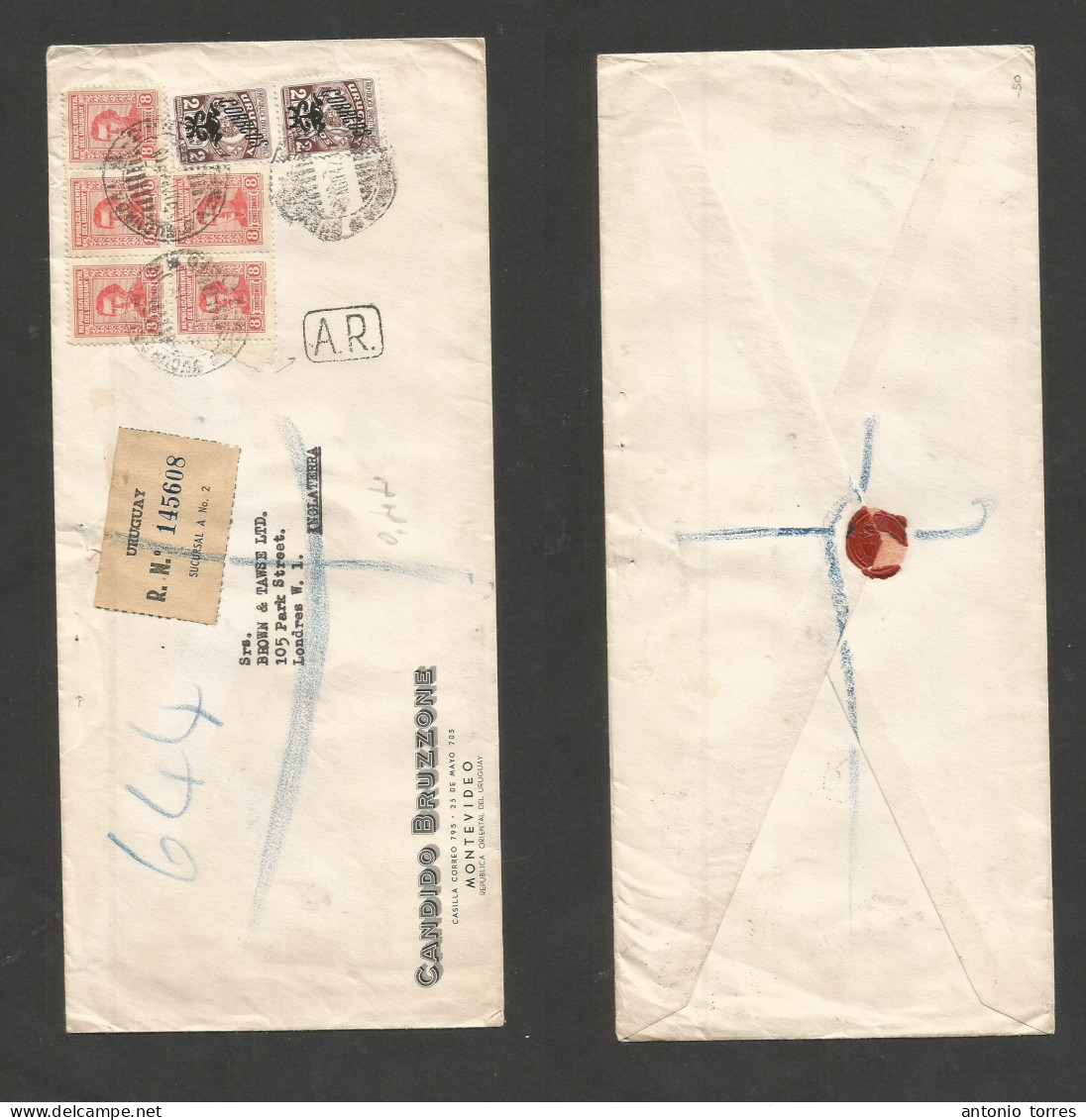 Uruguay. 1947 (10 Aug) Montevideo. UK, London. Registered Air Multifkd Envelope, Mixed Issues Tied Cds + R-label. Fine. - Uruguay