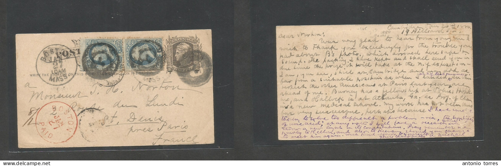 Usa - Stationery. 1880 (20 Jan) Cambridge, Mass - France, Paris Via Boston (27 Jan) Red + Black Cds Transits. 1c Black S - Other & Unclassified