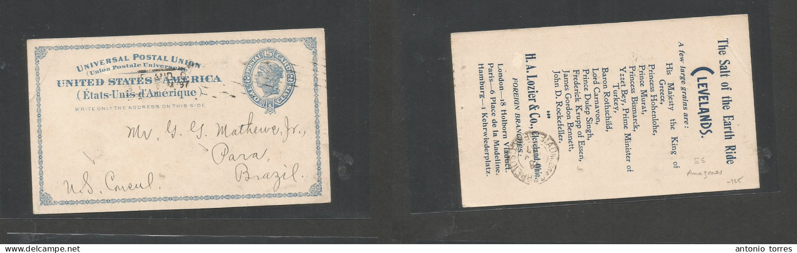 Usa - Stationery. 1897 (Feb) US Consular Mail. Cleveland, OH - Brazil, Para, Amazonas. Better Dest Area, Reverse Private - Autres & Non Classés