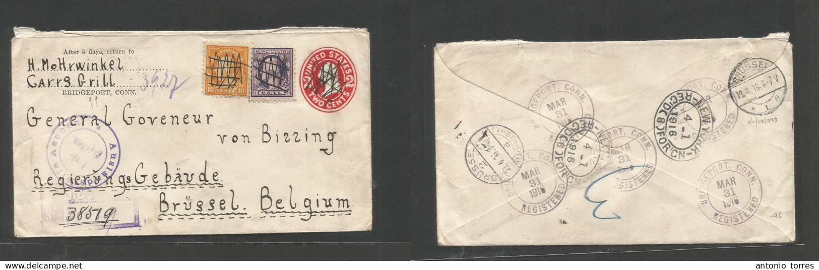 Usa - Xx. 1916 (31 March) Bridge Port, Conn - Belgium, Bruxelles (19 Apr) Registered Multifkd Stat Env WWI Censored, Dep - Other & Unclassified