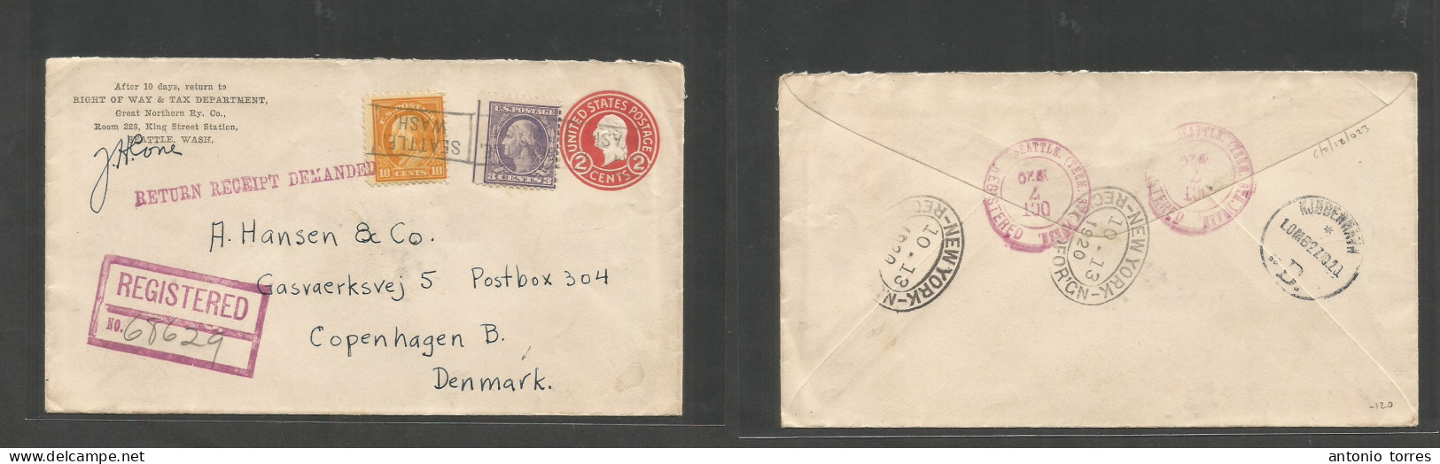 Usa - Xx. 1920 (7 Oct) Seattle, Wash - Denmark, Cph (27 Oct) Registered Comercial Multifkd + Retour Receipt Demanded Sta - Other & Unclassified