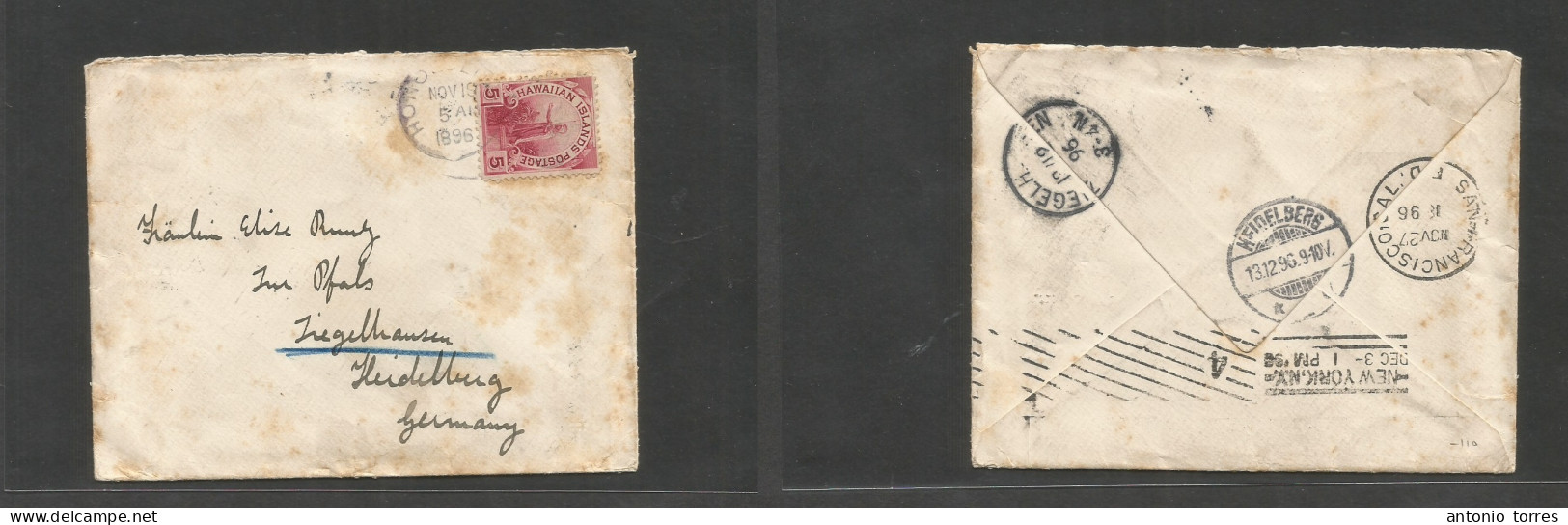 Usa - Hawaii. 1896 (19 Nov) Honolulu - Germany, Heidelberg (13 Dec) 5c Red Fkd Env Via S. Fco - NY. - Sonstige & Ohne Zuordnung