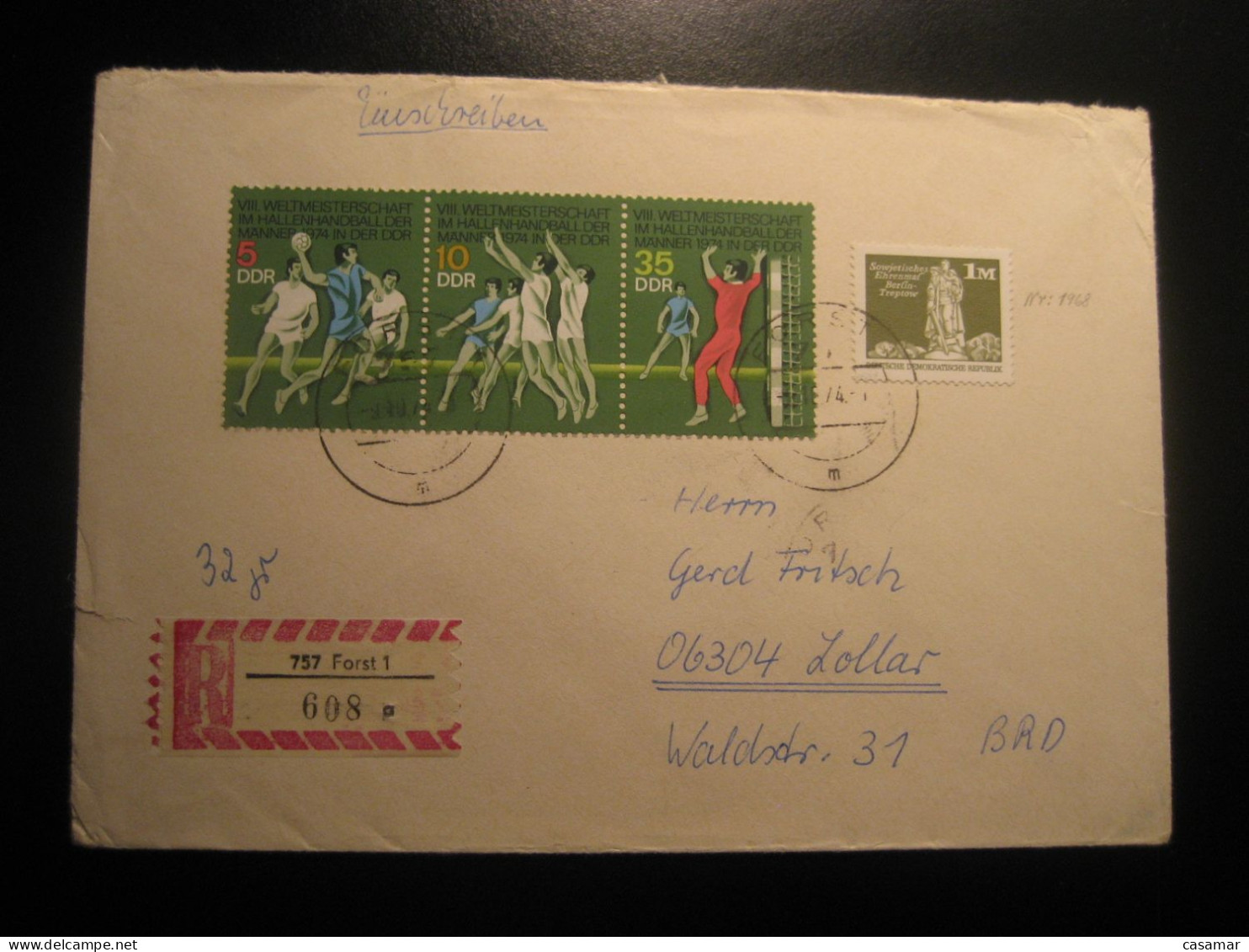 FORST 1974 Handball World Championship Balonmano Stamps On Registered Cover Tauschsendung ZKPH Label DDR GERMANY - Handball