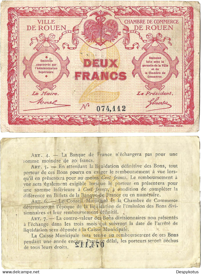 France - BILLET - Chambre De Commerce De ROUEN - DEUX FRANCS - 1920 - JP.110.05 - 15-268 - Bons & Nécessité