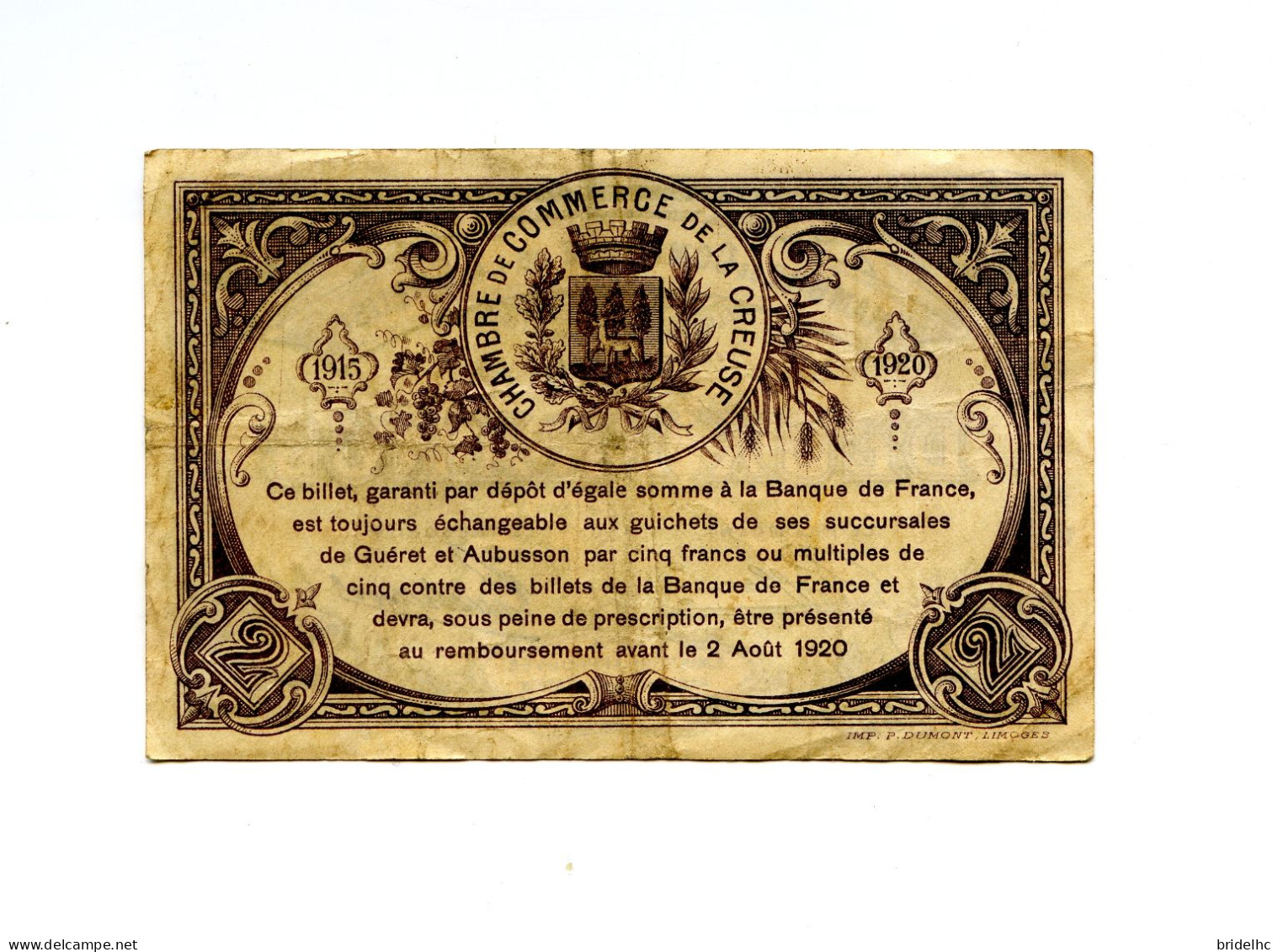 2 Francs Chambre De Commerce De La Creuse 1915 - Bons & Nécessité