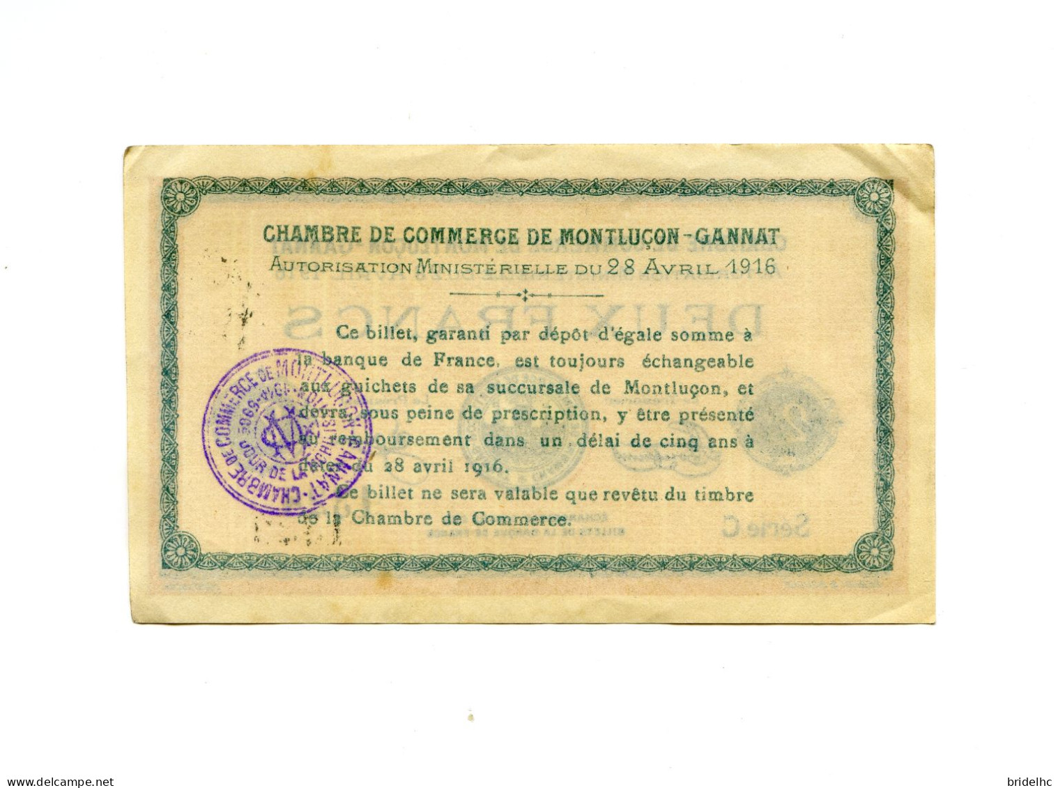 2 Francs Chambre De Commerce Montluçon Gannat 1916 - Bons & Nécessité