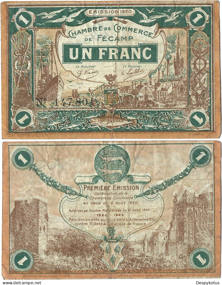 France - BILLET - Chambre De Commerce De FECAMP - UN FRANC - 1920 - JP.058.03 - 15-273 - Bons & Nécessité