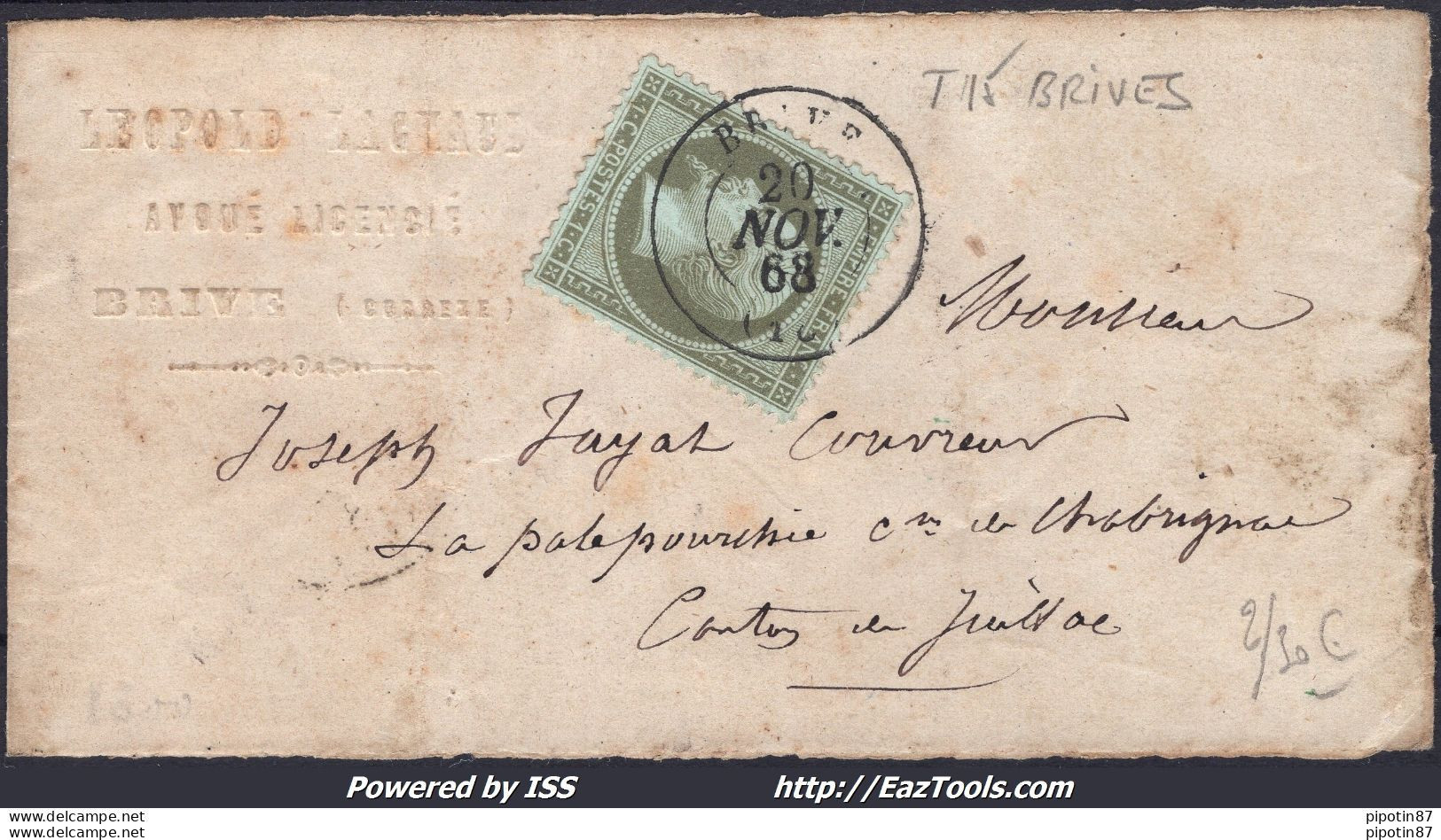 FRANCE EMPIRE 1c VERT OLIVE N°19 SUR BANDE CACHET A DATE DE BRIVE DU 20/11/1868 - 1862 Napoléon III.