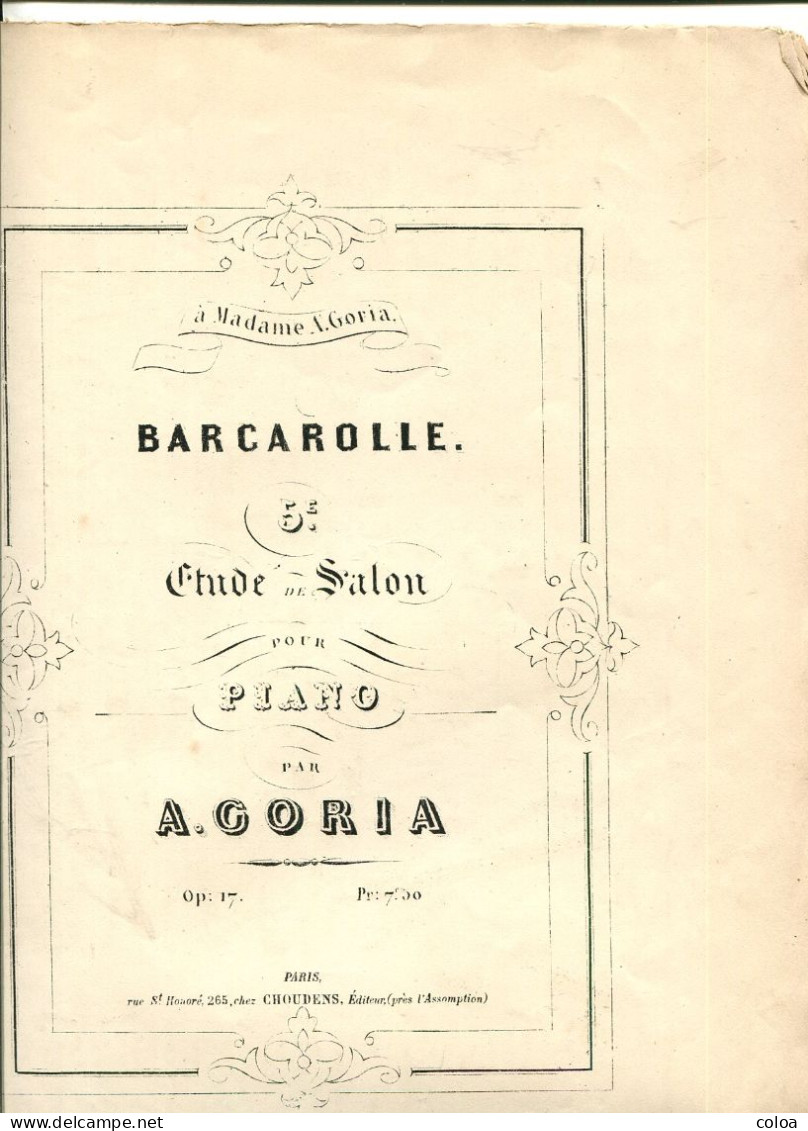 Partition A. GORIA Barcarolle étude De Salon Pour Piano Op. 17 - G-I