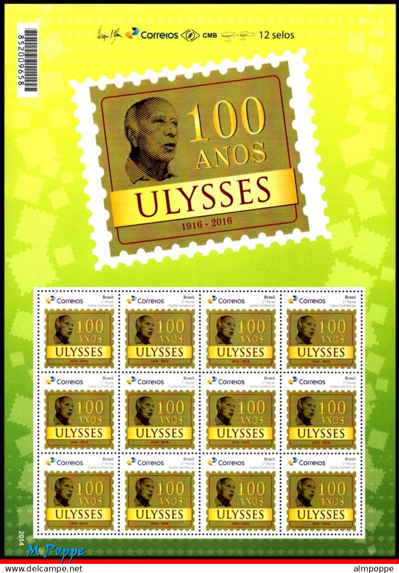 Ref. BR-V2016-29FO BRAZIL 2016 - ULYSSES GUIMARAES, 100YEARS, POLITICIAN,SHEET PERSONALIZED MNH, FAMOUS PEOPLE 12V - Personalized Stamps