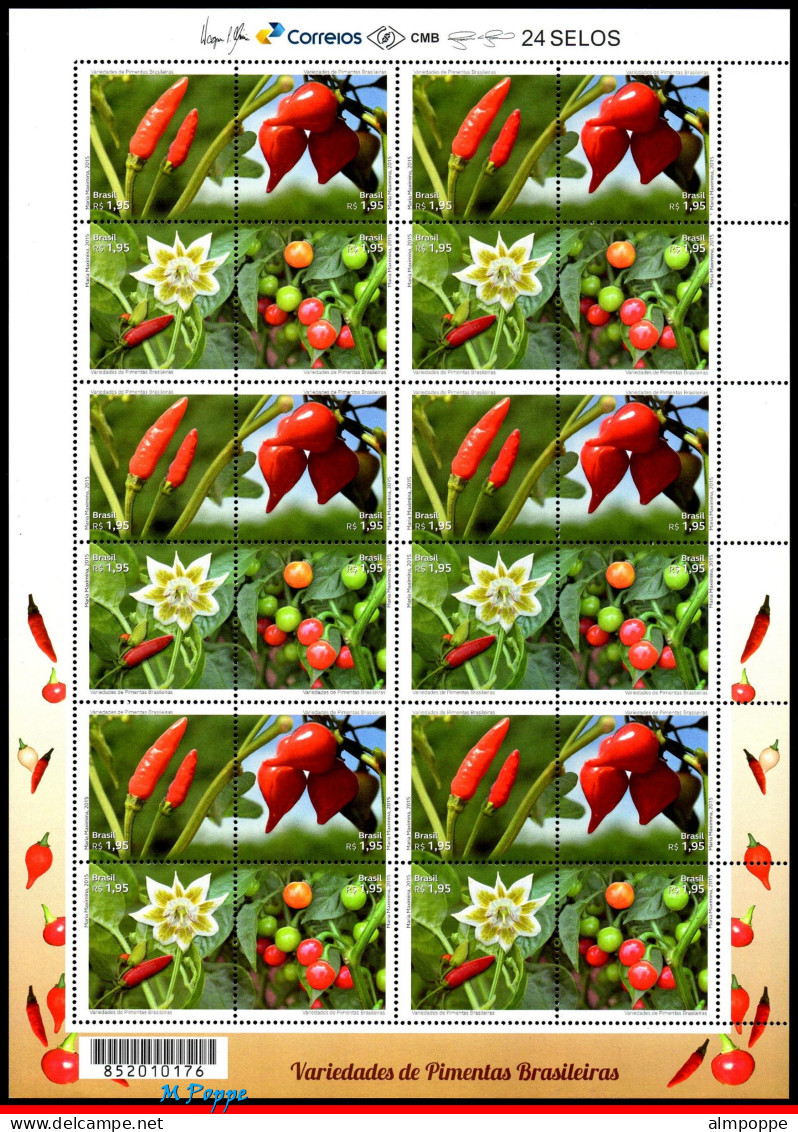 Ref. BR-3315-FO BRAZIL 2015 - VARIETIES OF BRAZILIANPEPPERS, FRUIT, SHEET MNH, FLOWERS, PLANTS 24V Sc# 3315 - Hojas Bloque