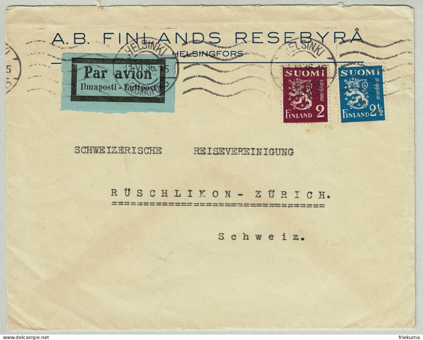 Finnland / Finland 1936, Luftpostbrief Helsinki - Rüschlikon (Schweiz), Rückseite Vignette Jeux Olympiques 1940 Finlande - Briefe U. Dokumente