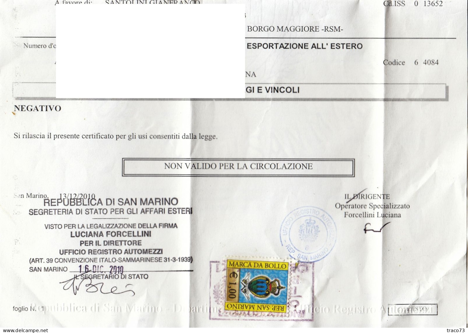 REPUBBLICA DI SAN MARINO _ 2010  /   MARCA  DA BOLLO Da Euro 1,00  Su Documento - Autres & Non Classés