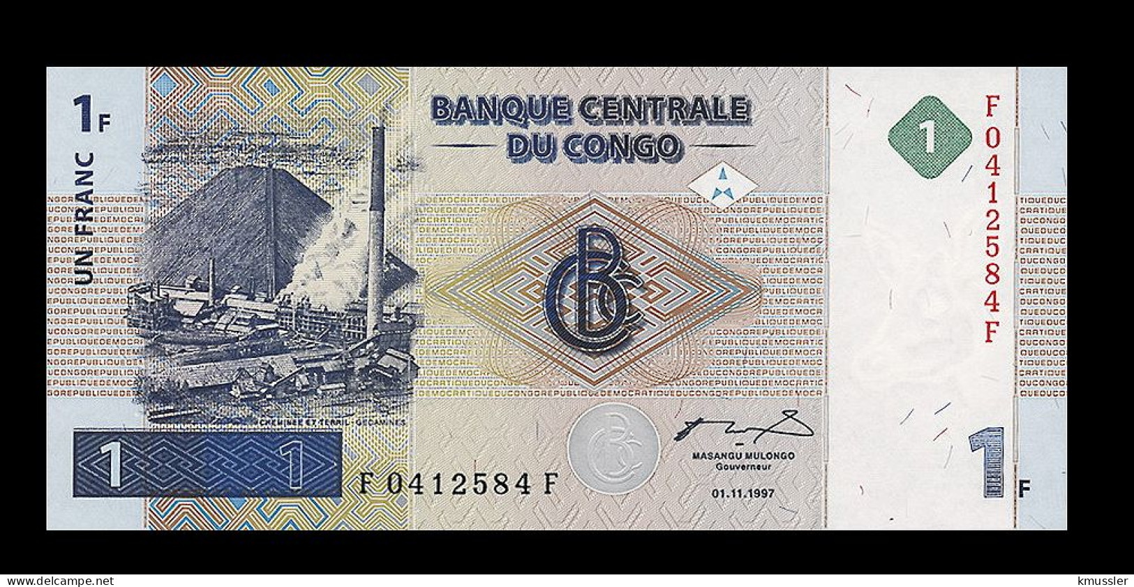 # # # Sehr Seltene Banknote Kongo (Congo) 1 Francs (P-85) 1997 UNC # # # - République Démocratique Du Congo & Zaïre