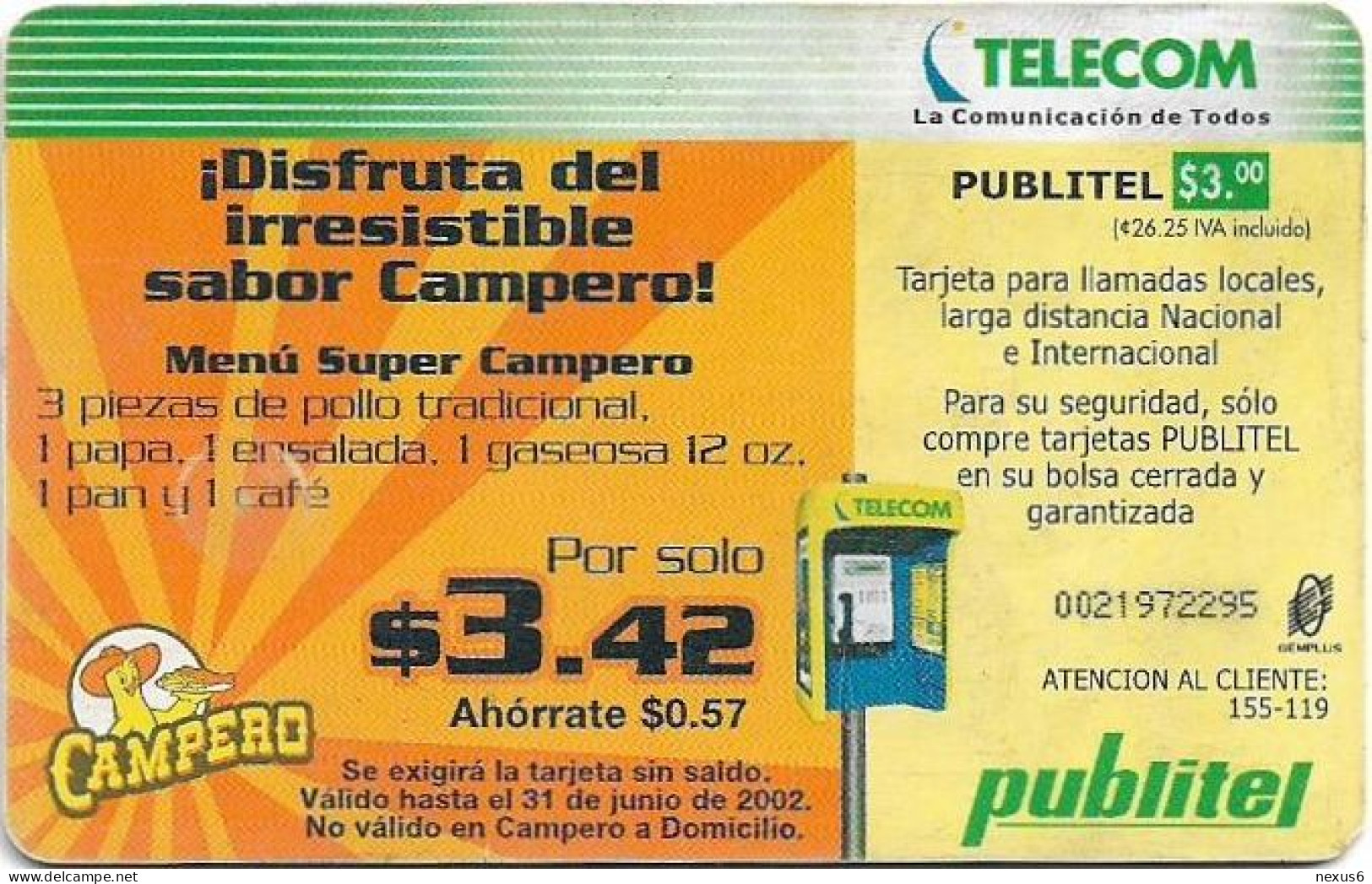 El Salvador - Publitel (Chip) - Camperonix - Aquamixer, Chip Gem5 Red, 2002, 3$, Used - Salvador