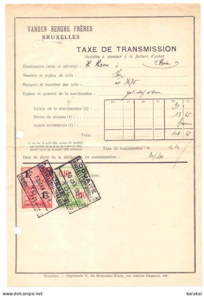Belgique Timbres Fiscaux Taxe De Transmission Douane Bruxelles Boirs Bassenge 1931 - Dokumente