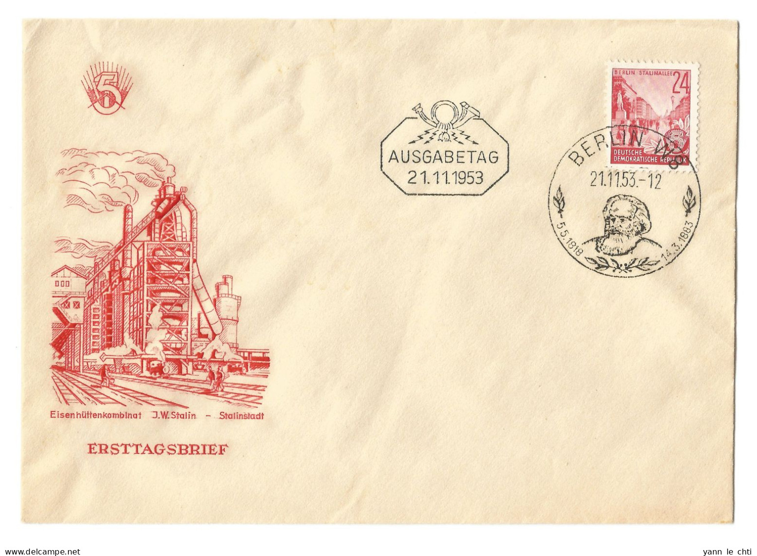 Brief Ersttagsbrief Ausgabetag  21 11 1953 Sonderstempel Berlin Karl Marx 1818 1883 DDR - 1950-1970