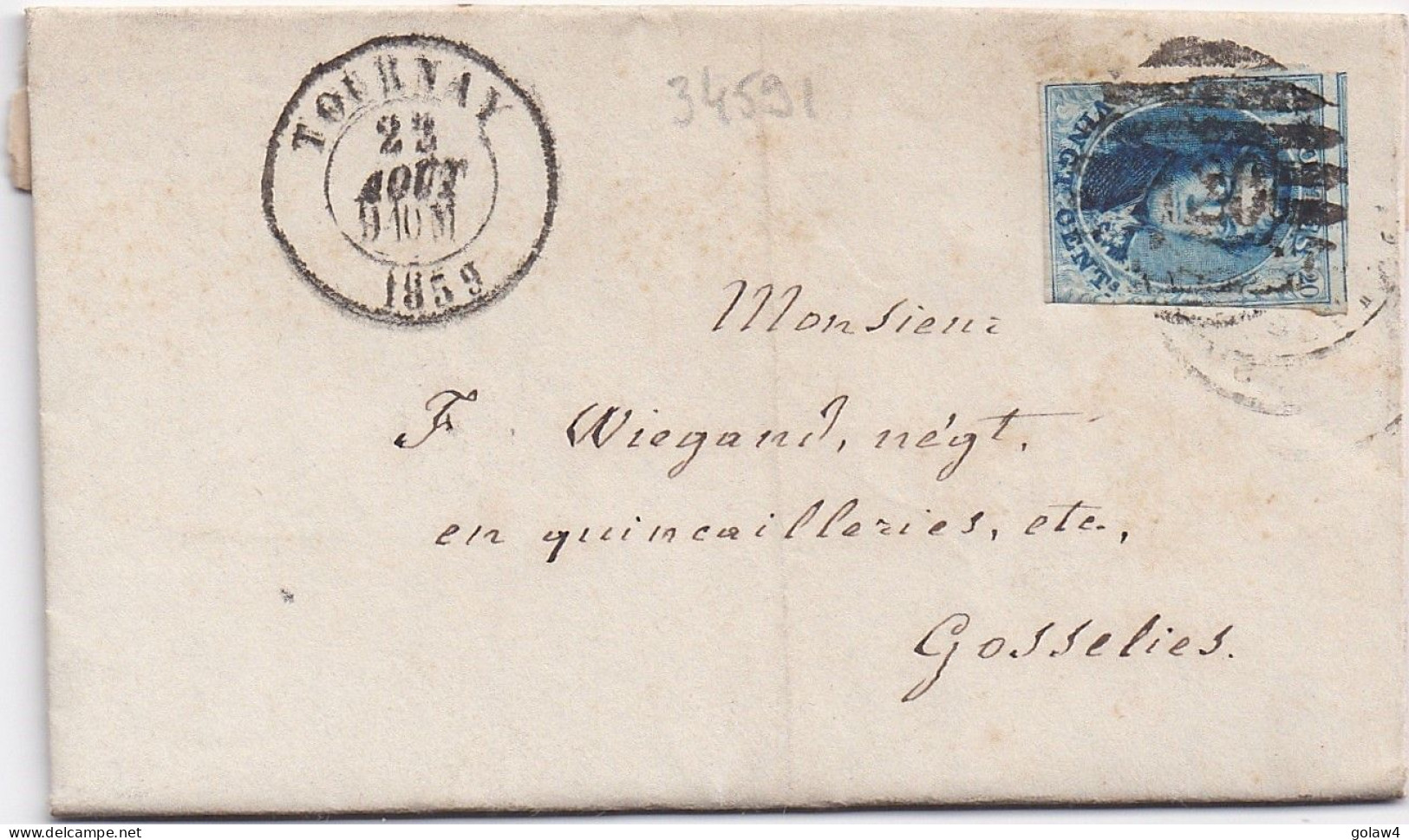 34591# BELGIQUE LEOPOLD MEDAILLON N°10A LETTRE Obl 120 TOURNAY 1859 Pour GOSSELIES - 1849-1865 Medallions (Other)