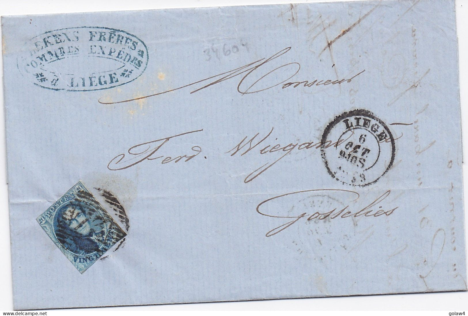 34604# BELGIQUE LEOPOLD MEDAILLON N°7 LETTRE Obl 73 LIEGE 1859 Pour GOSSELIES - 1849-1865 Medaillons (Varia)