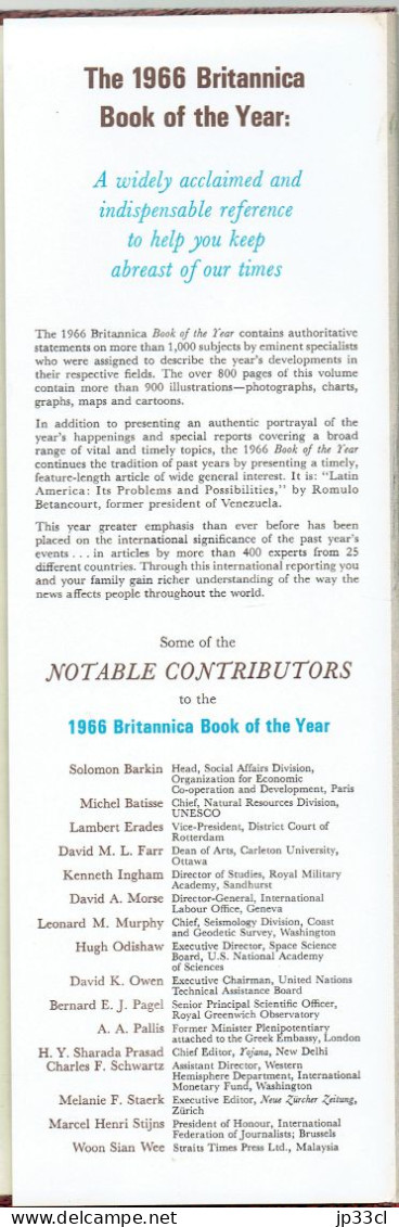Britannica Book Of The Year 1966 (Collectif, 812 Pages) - Monde