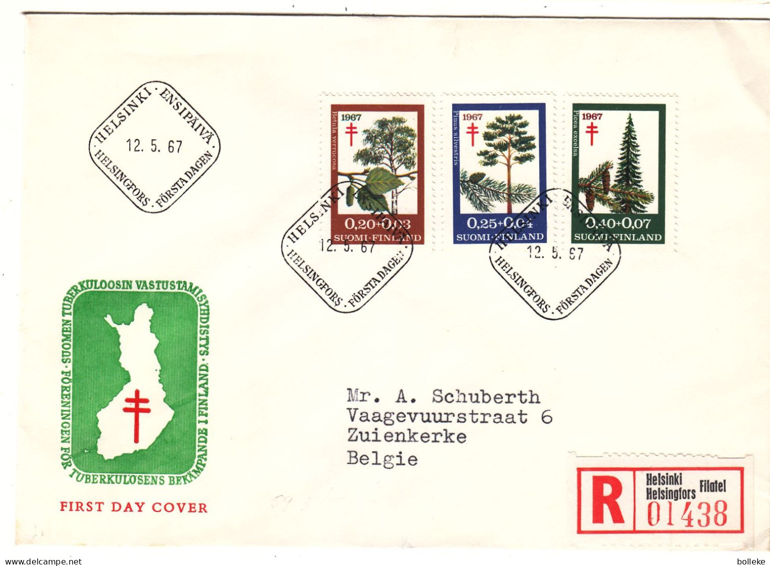 Finlande - Lettre Recom FDC De 1967  - Oblit Helsinki - Arbres - Tuberculose - Valeur 5,00 Euros - Briefe U. Dokumente