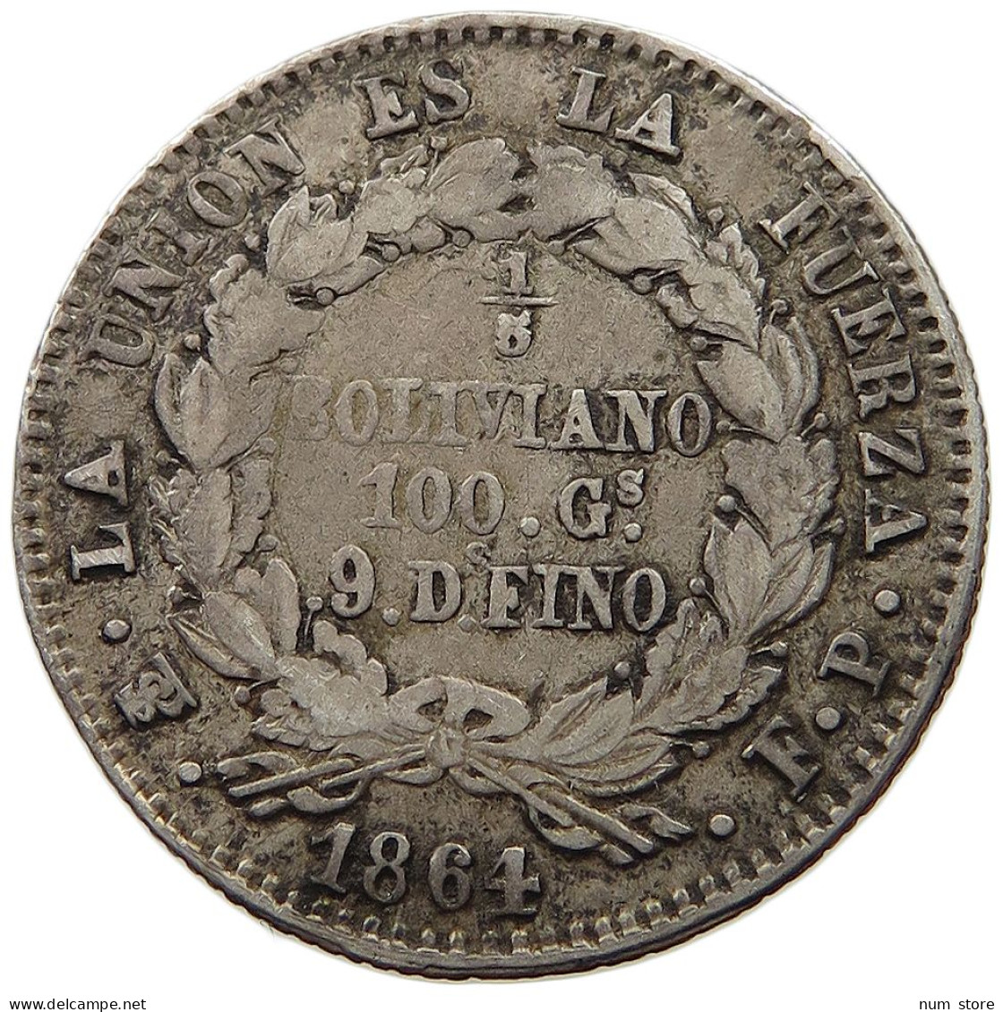 BOLIVIA 1/5 BOLIVIANO 1864 RARE #t060 0235 - Bolivie