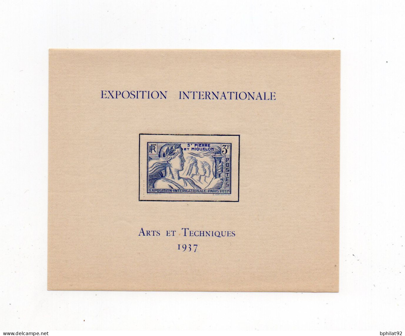 !!! ST PIERRE ET MIQUELON : BLOC FEUILLET N° 1 EXPOSITION INTERNATIONALE - ARTS & TECHNIQUES 1937 NEUF ** - Blocks & Sheetlets