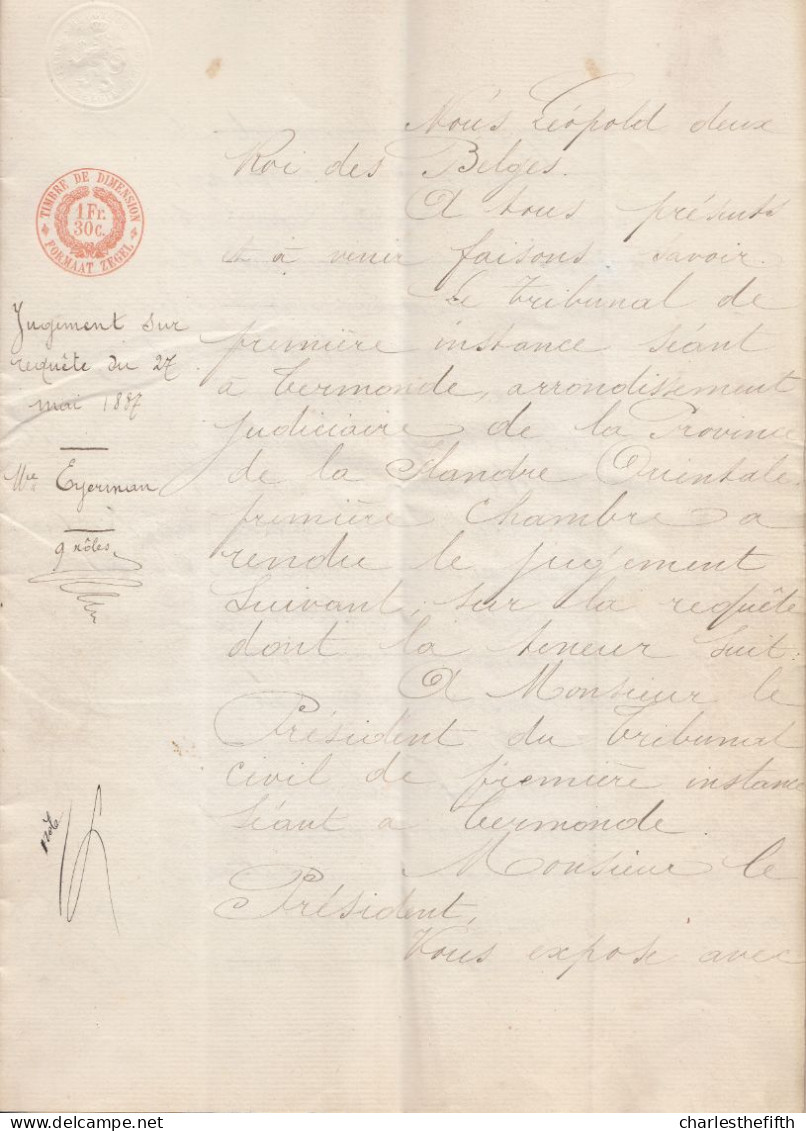 1887 JUGEMENT SUR REQUETE TRIBUNAL DE TERMONDE - Sur Demande DESMEDT à SINAY Conc. ALIENATION MENTALE DE SA SOEUR - Documents Historiques