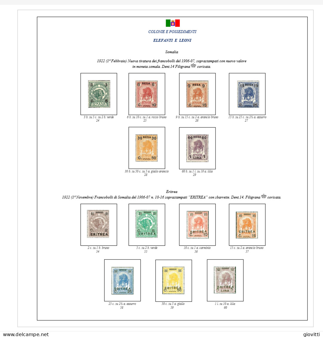 ELEFANTI E LEONI Giro Completo, Fogli Autocostruiti Per Album A 22 Anelli. - Boites A Timbres