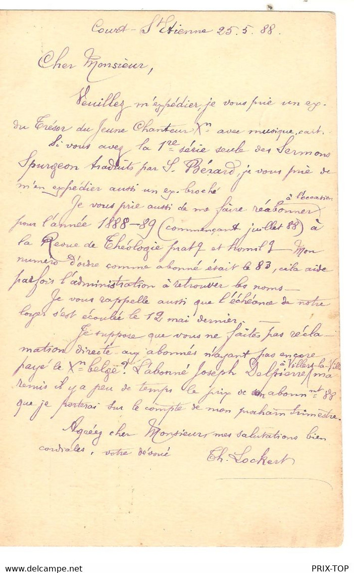 SP885/ Entier CP 5C Lion écrit De La Roche-Court St.Etienne Th.Lockert Obl. Court St.Etienne 1888 > BXL C. D'arrivée - Poste Rurale