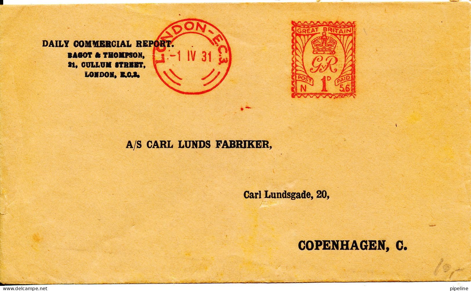 Great Britain Cover With Red Meter Cancel London 2-4-1931 Sent To Denmark - Covers & Documents