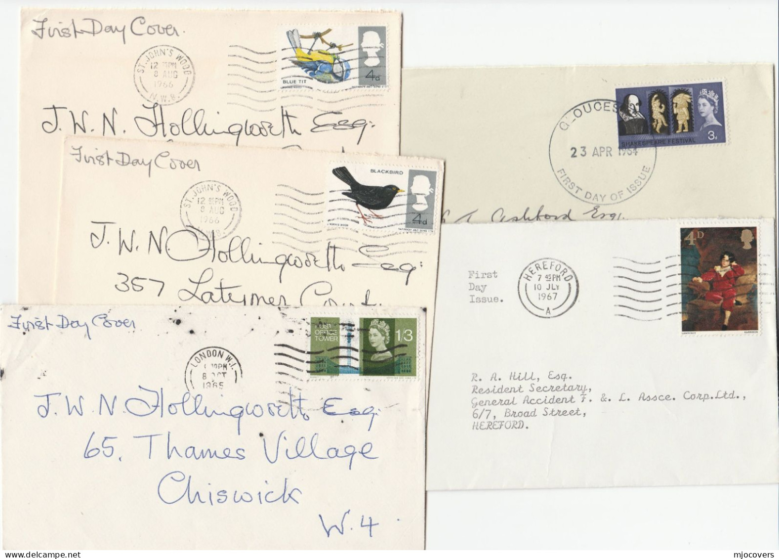 5 Diff 1960s FDC Various Stamps GB Birds Art Shakespeare Post Office Tower Cover - 1952-1971 Pre-Decimal Issues