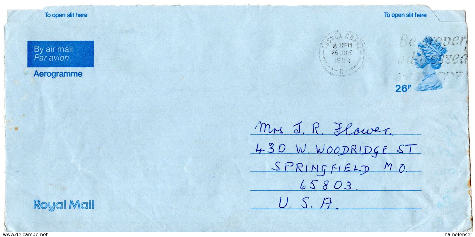 L71540 - Grossbritannien - 1984 - 26p Machin GAAerogramm SUSSEX COAST - ... -> Springfield, MO (USA) - Storia Postale