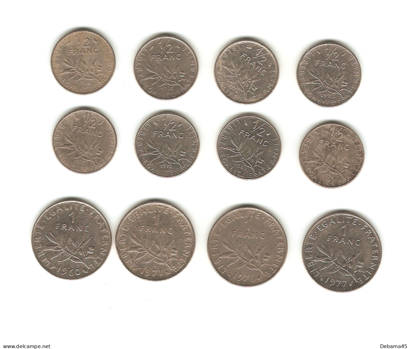 147/ France : Lot Semeuse (nickel) : 1/2 Franc 65, 66, 73, 76, 77, 78, 83 Et 93 - 1 Franc 60, 71, 76 Et 1977 - Sonstige & Ohne Zuordnung