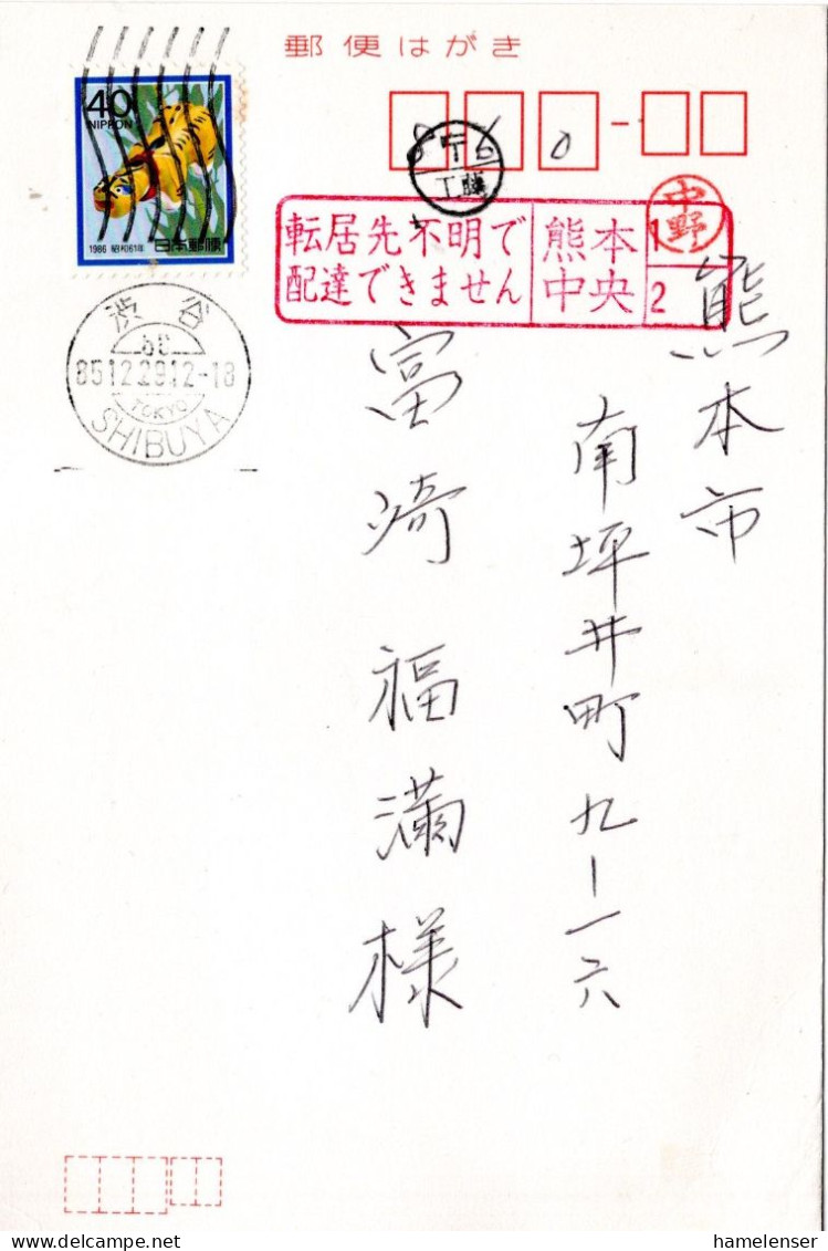 71631 - Japan - 1985 - ¥40 Neujahr '86 EF A Kte SHIBUYA -> Kumamoto, M "unbekannt Verzogen Zurueck"-Stpl - Storia Postale