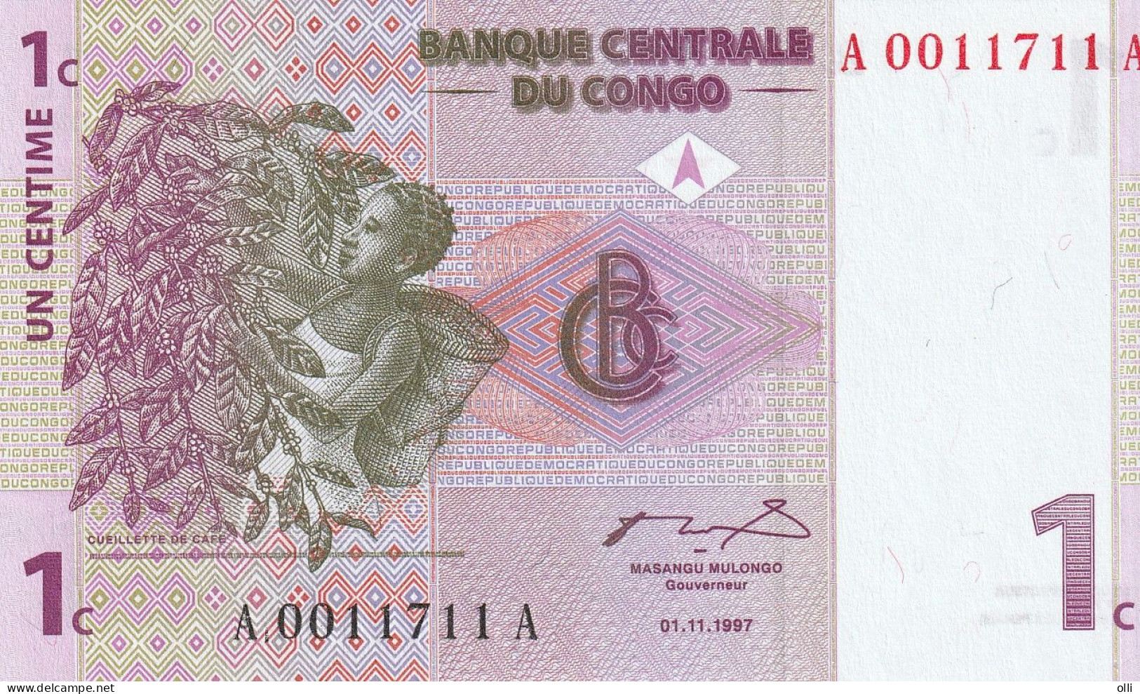 CONGO Dem:Rep. 1 Centime - 1997  P- 80 - Unc. - Democratic Republic Of The Congo & Zaire