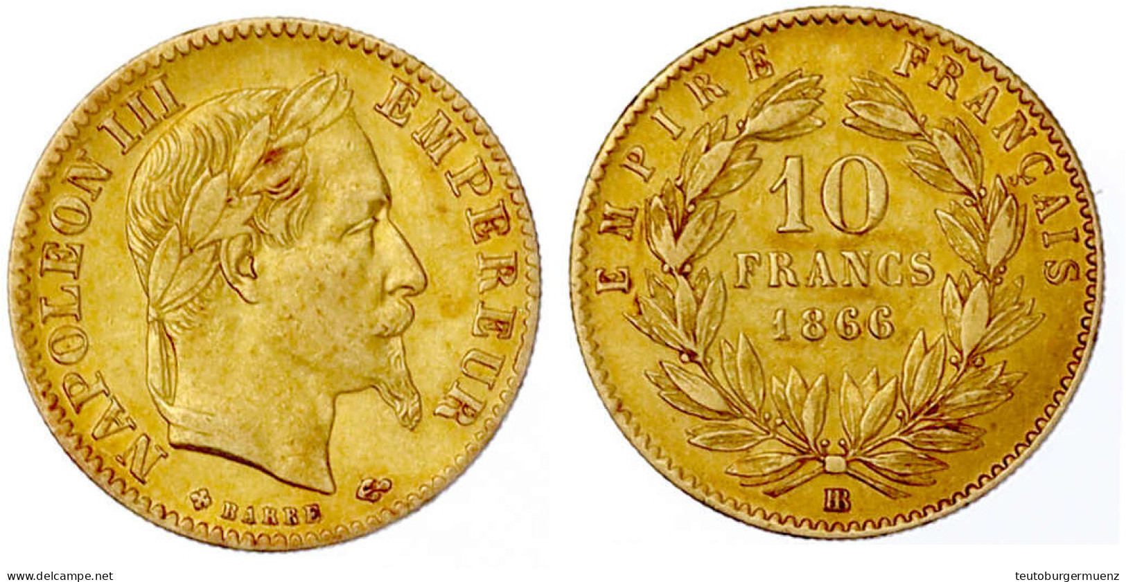 10 Francs 1866 BB, Straßburg. 3,23 G. 900/1000. Fast Vorzüglich. Gadoury 1015. Krause/Mishler 800.2. - 10 Francs (gold)