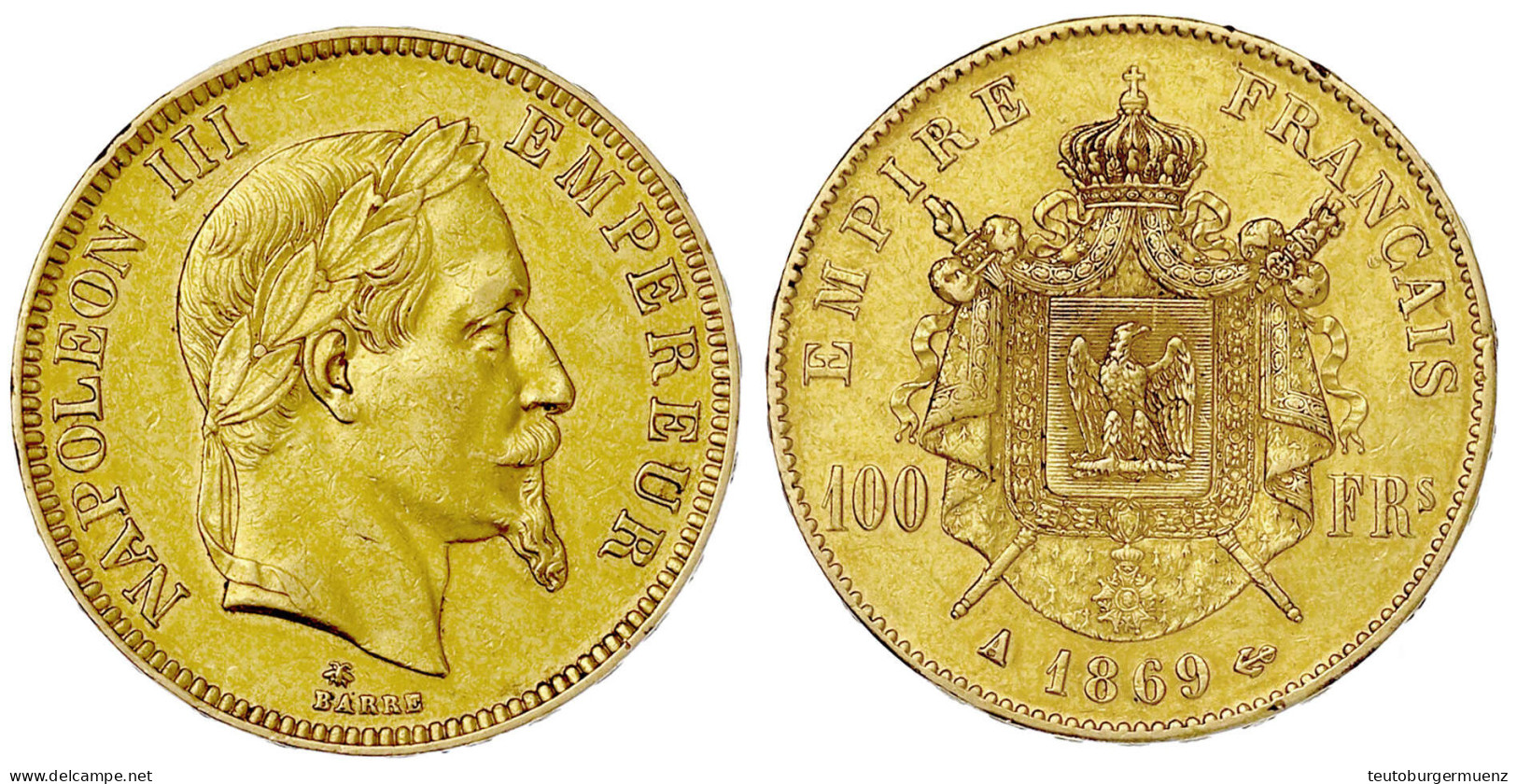 100 Francs 1869 A, Paris. 32,26 G. 900/1000. Vorzüglich, Kl. Randfehler. Krause/Mishler 802.1. Friedberg 580. - 100 Francs (gold)