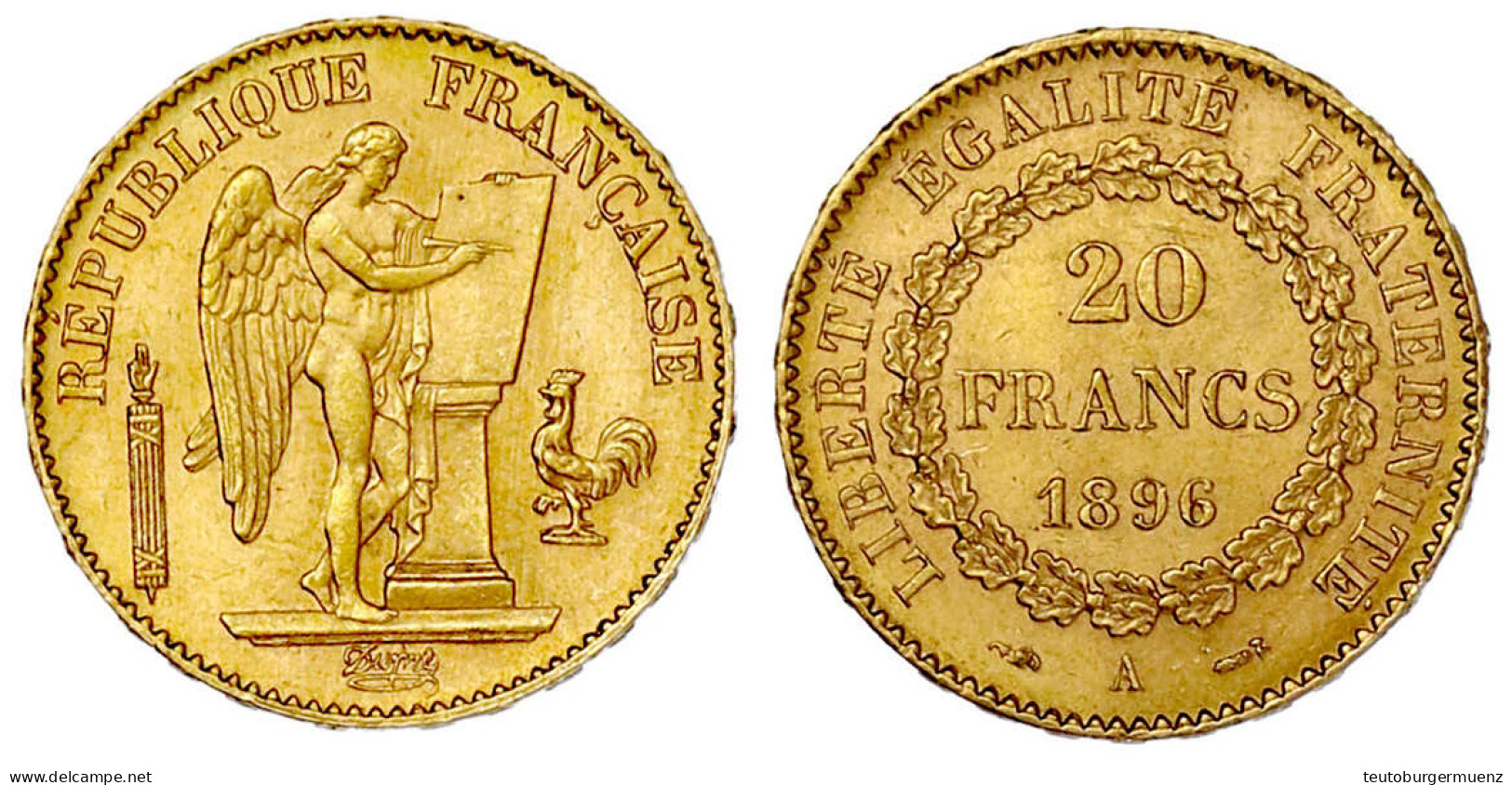 20 Francs Geflügelter Genius 1896 A. 6,45 G. 900/1000. Vorzüglich/Stempelglanz, Kl. Kratzer. Krause/Mishler 857. - 20 Francs (gold)