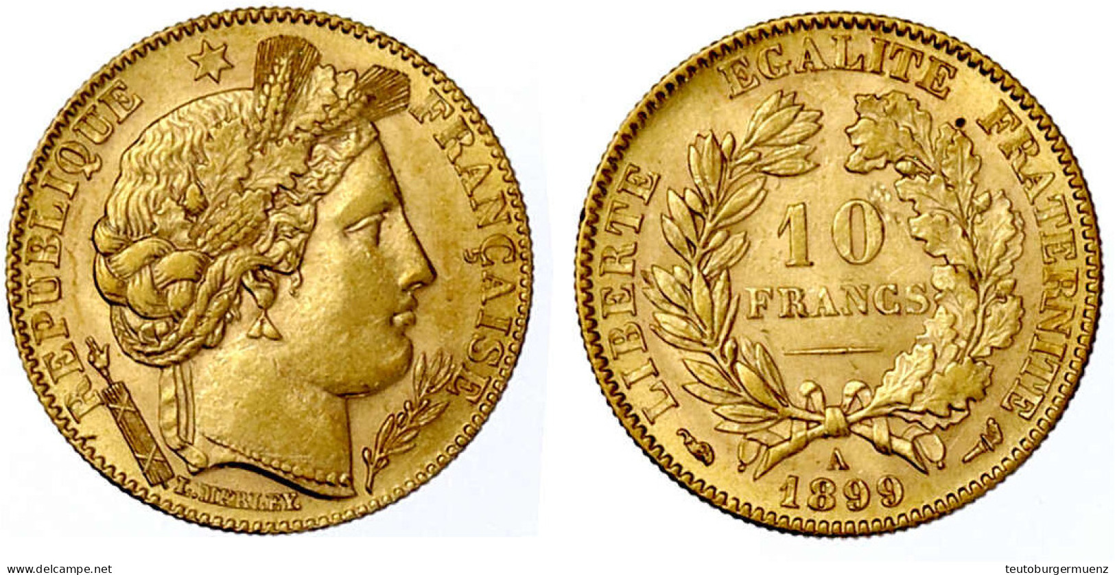 10 Francs 1899 A, Paris. Kopf Der Marianne. 3,23 G. 900/1000. Vorzüglich/Stempelglanz. Krause/Mishler 846. - 10 Francs (gold)