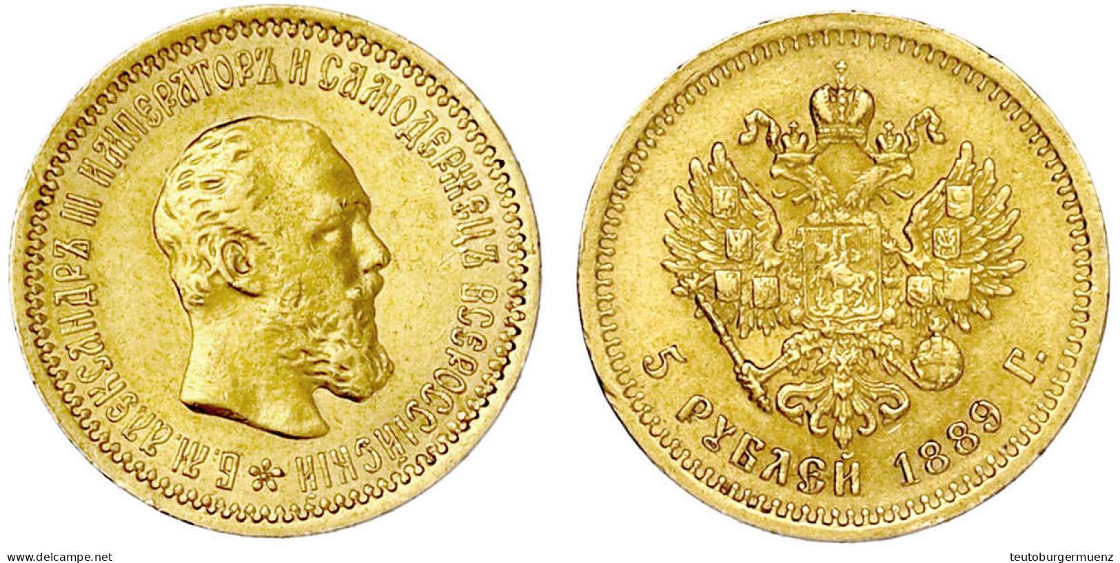 5 Rubel 1889, St. Petersburg. Ohne Mmz. Am Halsabschnitt. 6,45 G. 900/1000. Sehr Schön/vorzüglich. Bitkin 34. Friedberg  - Rusland