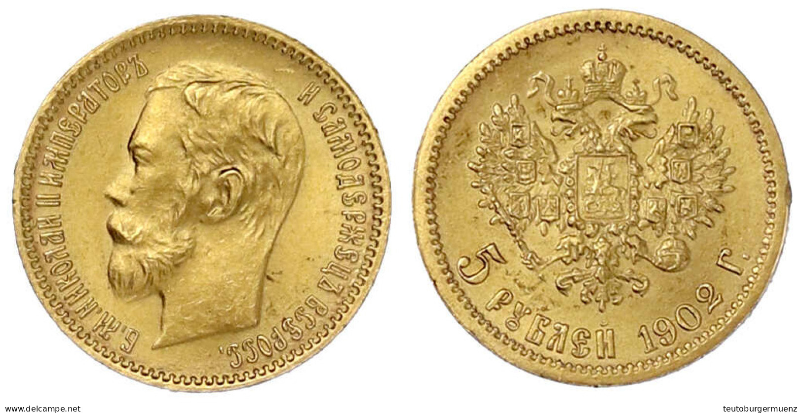 5 Rubel 1902, St. Petersburg. 4,30 G. 900/1000. Vorzüglich/Stempelglanz, Kl. Randfehler. Bitkin 29. Friedberg 180. - Russia