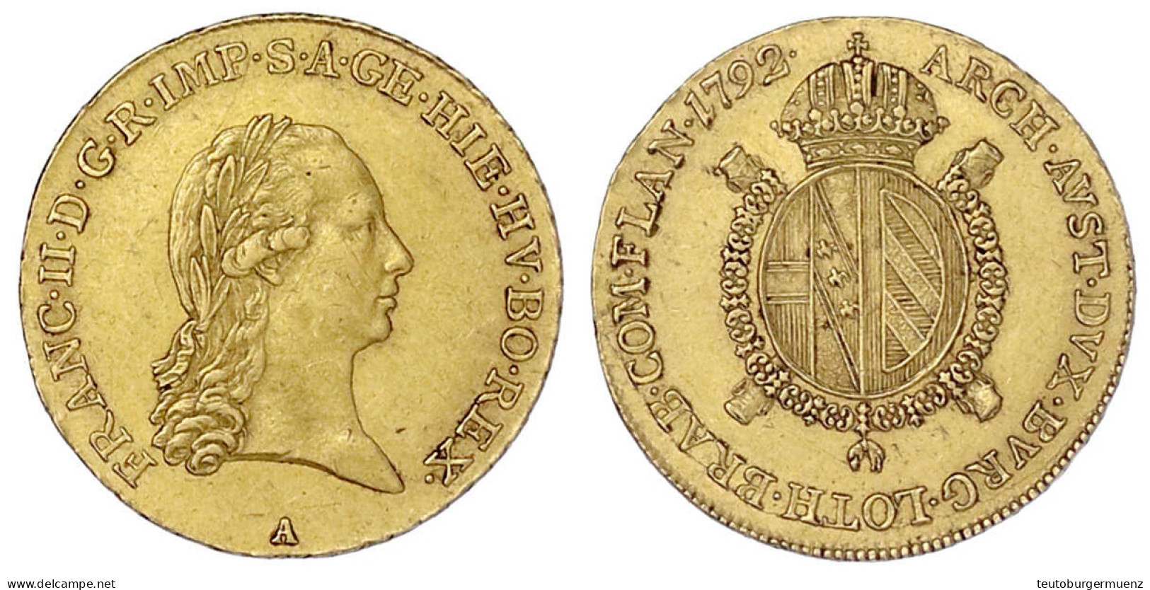 1/2 Sovrano 1792 A, Wien. 5,54 G. Vorzüglich. Herinek 209. Friedberg 477. - Goldmünzen