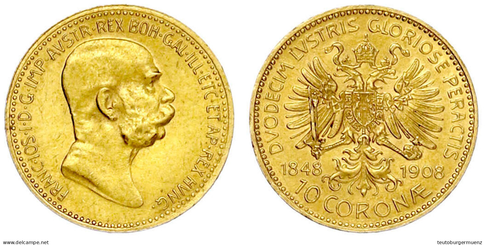 10 Kronen 1908. Regierungsjubiläum. 3,39 G. 900/1000. Vorzüglich/Stempelglanz. Herinek 386. Friedberg 516. - Goldmünzen