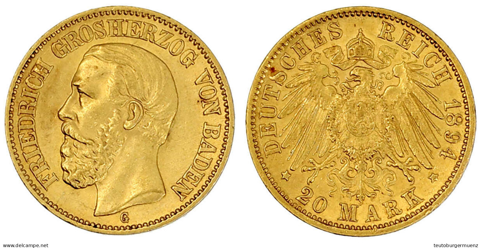 20 Mark 1894 G. Gutes Vorzüglich, Kl. Randfehler. Jaeger 189. - 5, 10 & 20 Mark Gold