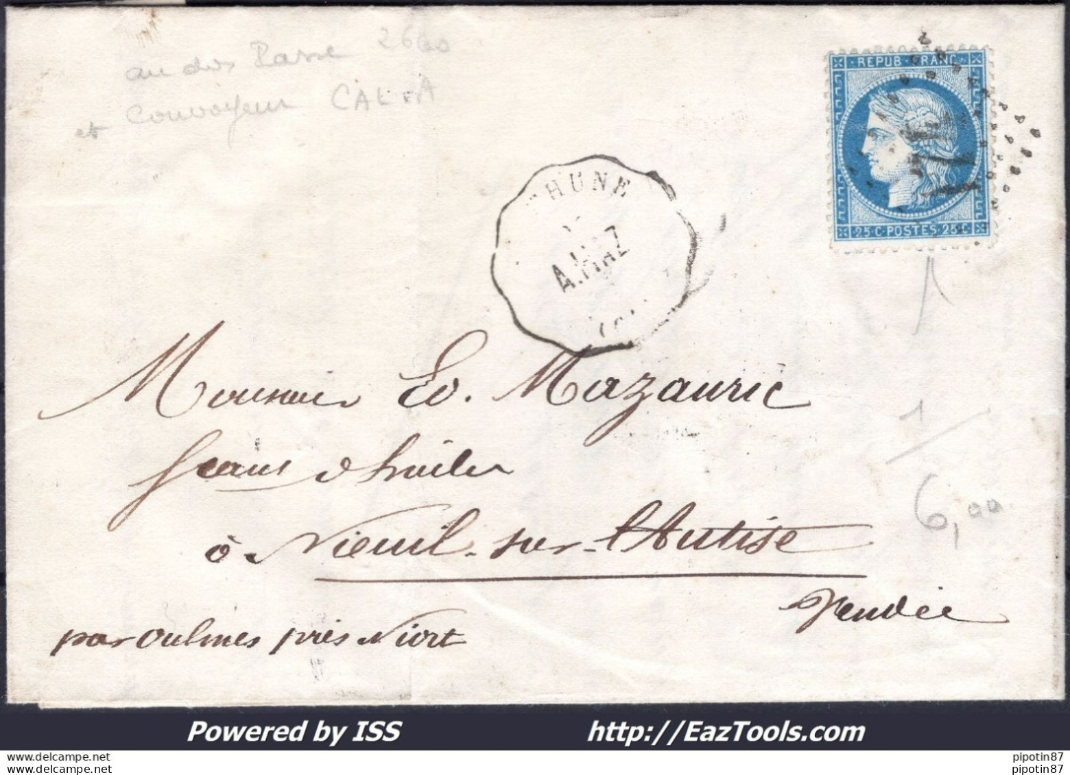 FRANCE N°60C SUR LETTRE CONVOYEUR DE STATION BETHUNE LIGNE 7 A.HAZ. - 1871-1875 Ceres